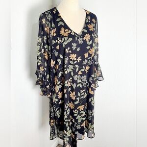 Calvin Klein Black Floral Dress with Sheer Bell Sleeves, Size 12